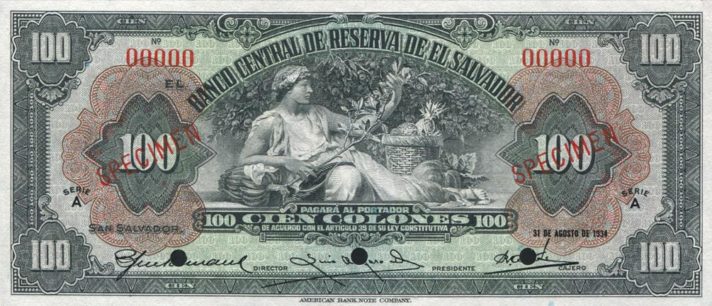 Front of El Salvador p80s: 100 Colones from 1934