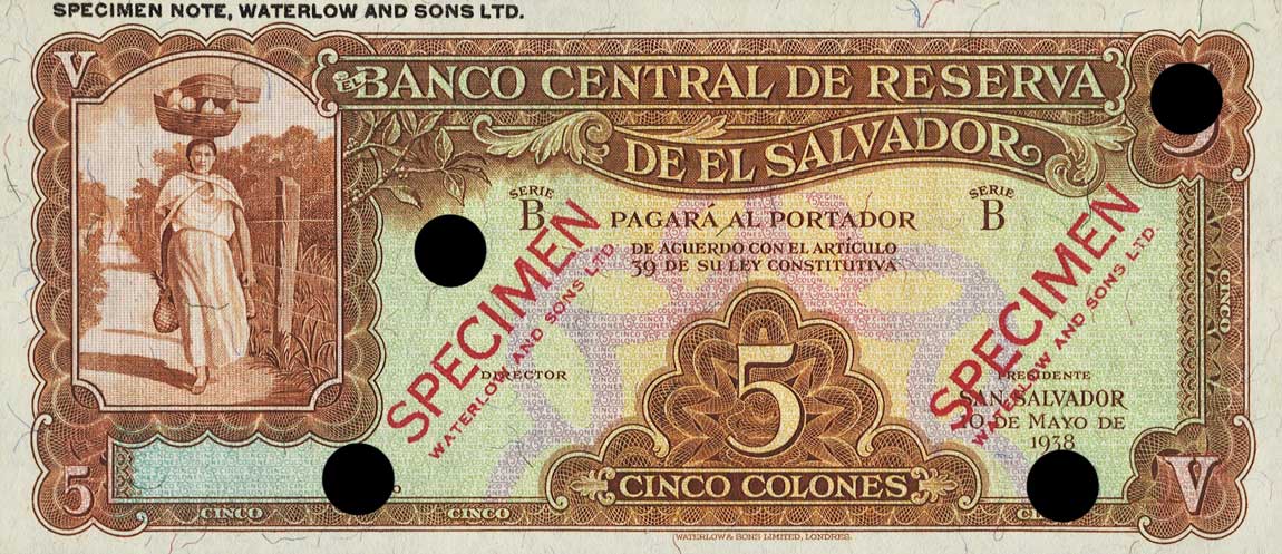 Front of El Salvador p82ct: 5 Colones from 1938
