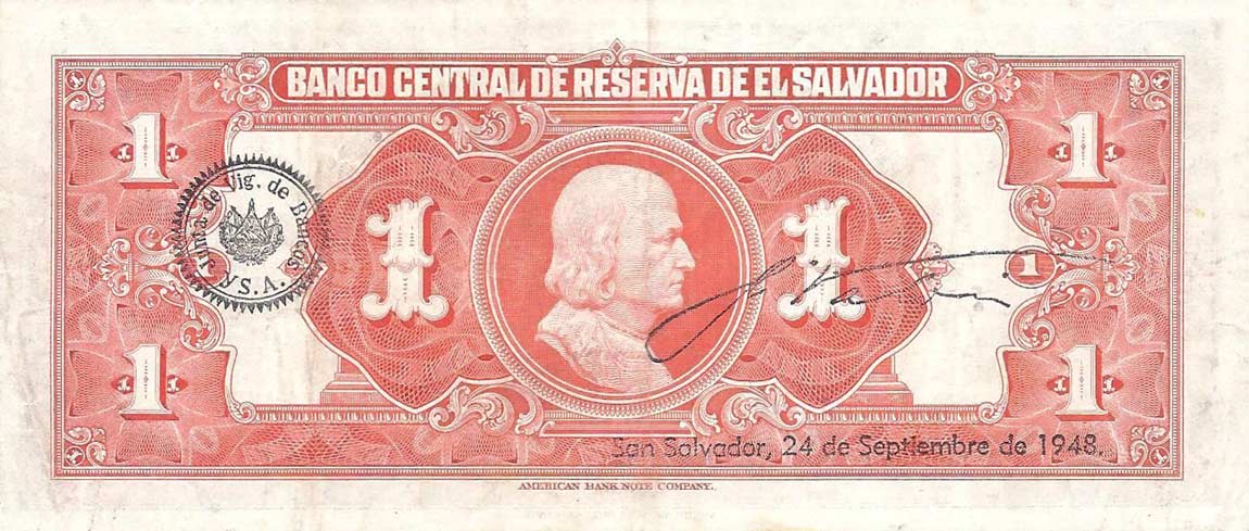 Back of El Salvador p83a: 1 Colon from 1944