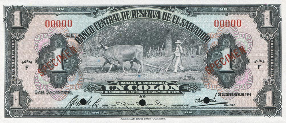 Front of El Salvador p83s: 1 Colon from 1944