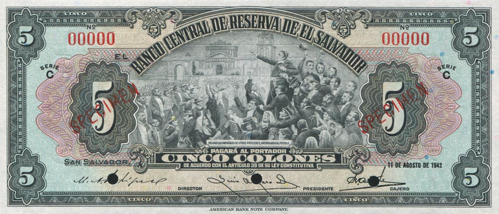 Front of El Salvador p84s: 5 Colones from 1942