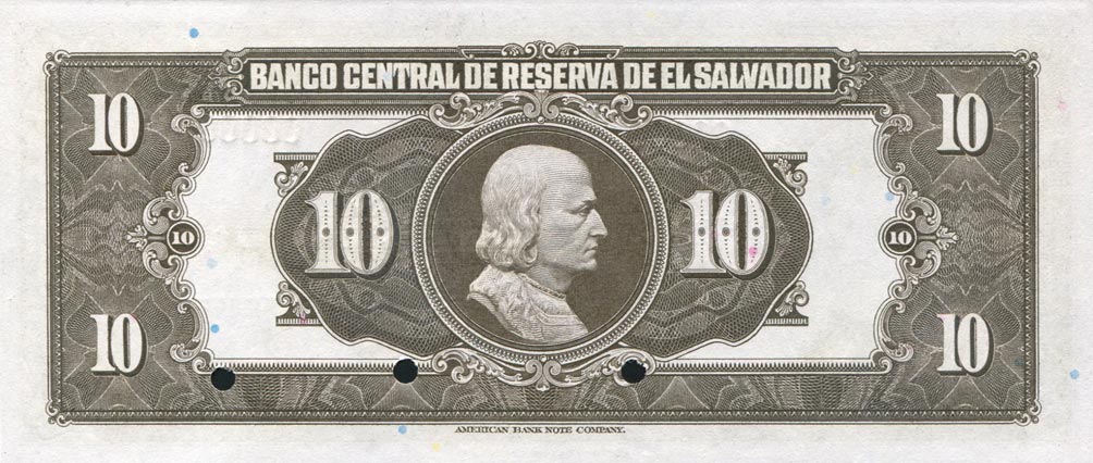 Back of El Salvador p85s: 10 Colones from 1943