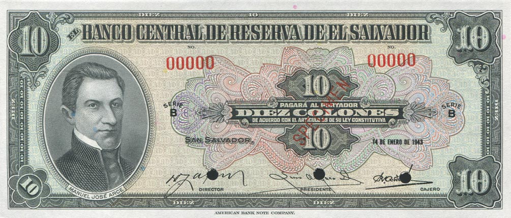 Front of El Salvador p85s: 10 Colones from 1943