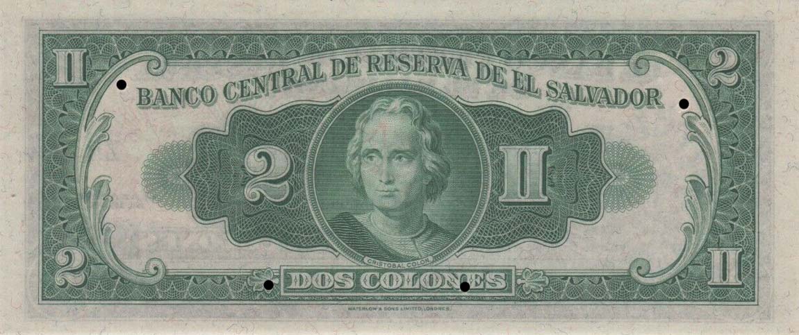 Back of El Salvador p91ct: 2 Colones from 1955
