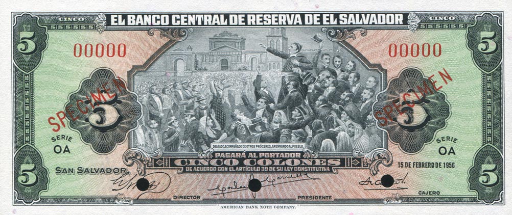 Front of El Salvador p95s: 5 Colones from 1956