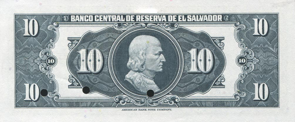 Back of El Salvador p96s: 10 Colones from 1957