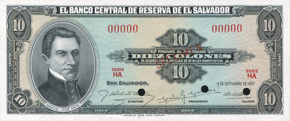 Front of El Salvador p96s: 10 Colones from 1957