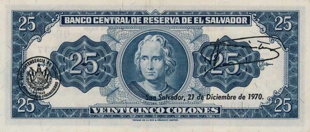 Back of El Salvador p104b: 25 Colones from 1966