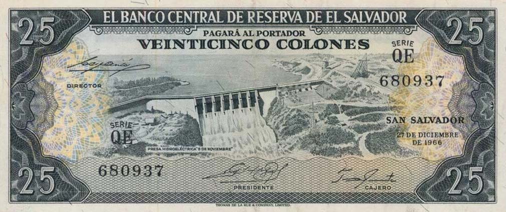 Front of El Salvador p104b: 25 Colones from 1966