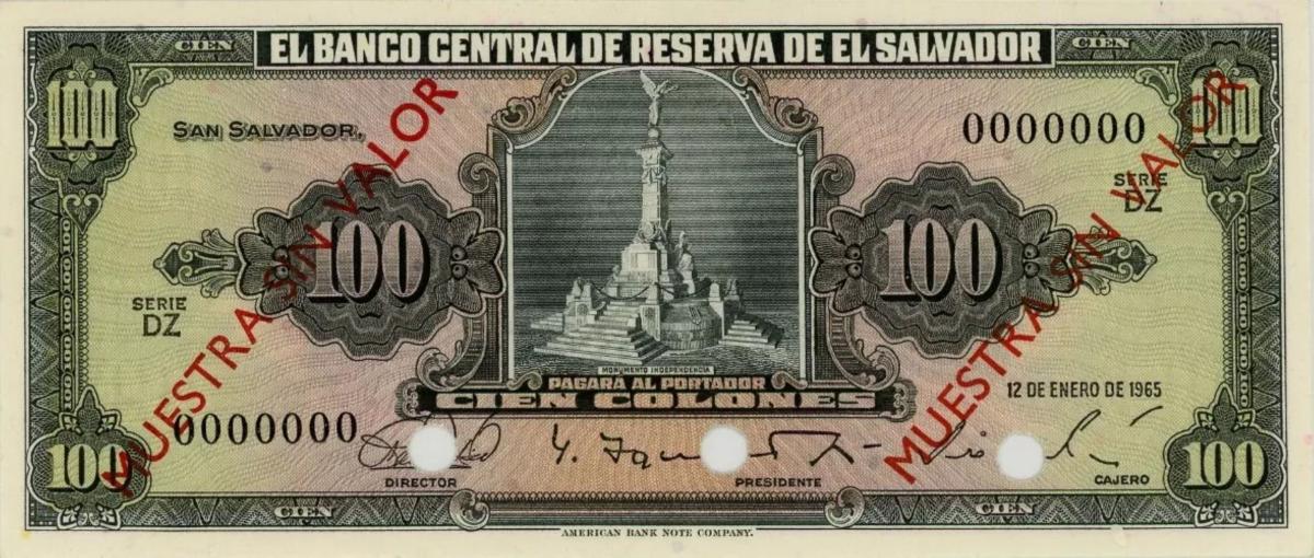 Front of El Salvador p107s: 100 Colones from 1965