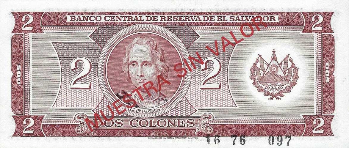 Back of El Salvador p124s: 2 Colones from 1976