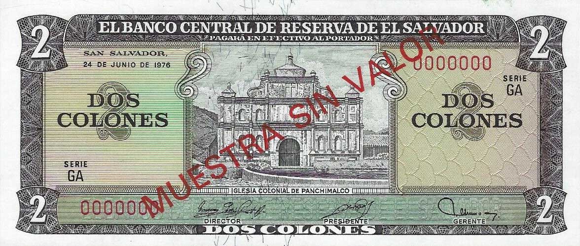 Front of El Salvador p124s: 2 Colones from 1976