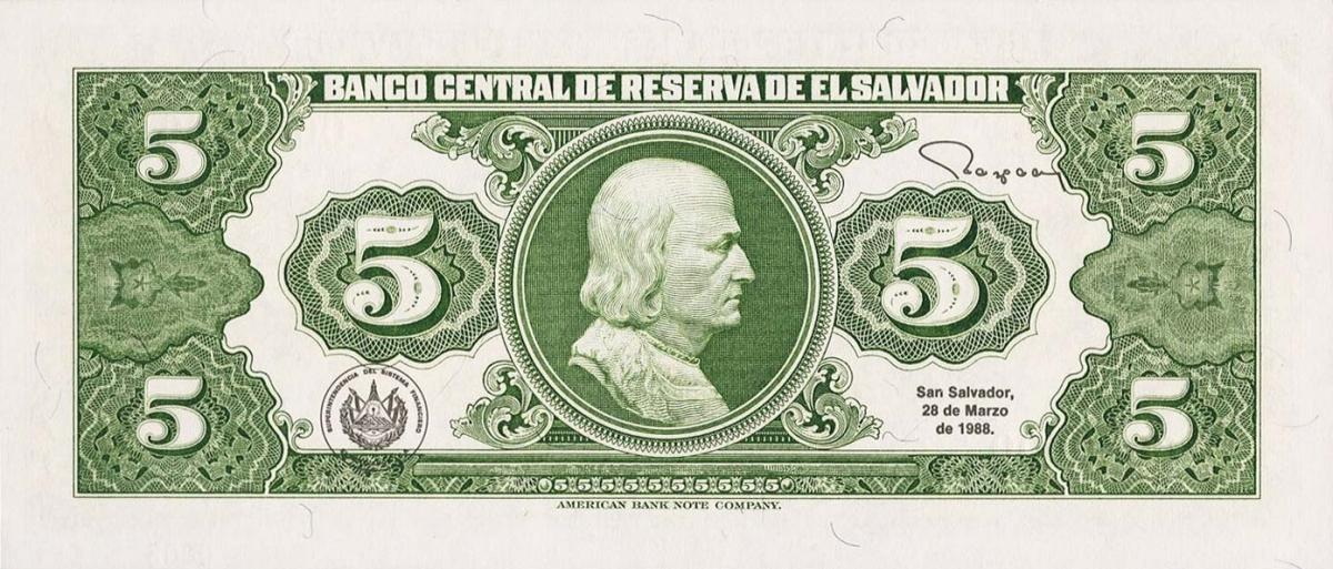 Back of El Salvador p134s2: 5 Colones from 1988