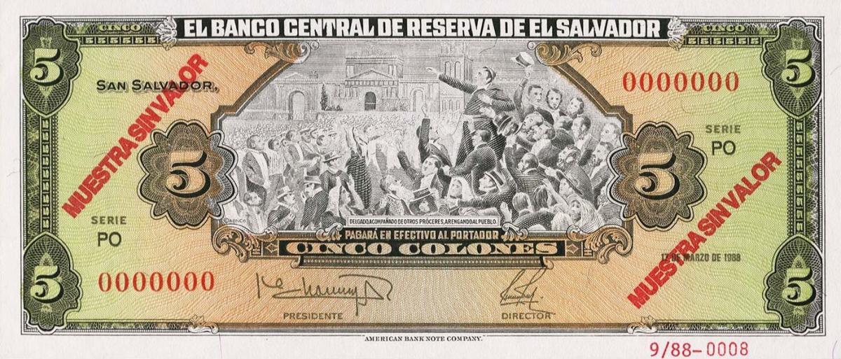 Front of El Salvador p134s2: 5 Colones from 1988