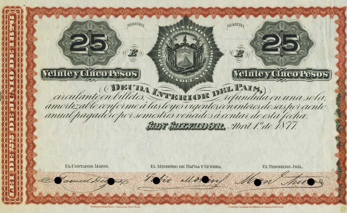 Front of El Salvador p13: 25 Pesos from 1877