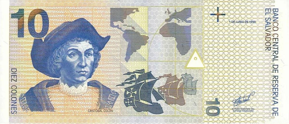 Front of El Salvador p148b: 10 Colones from 1998