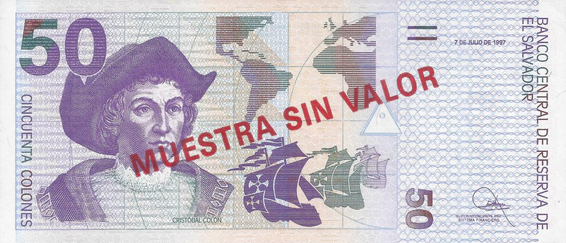 Back of El Salvador p150s: 50 Colones from 1997