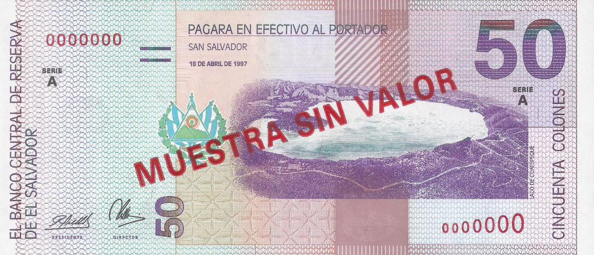 Front of El Salvador p150s: 50 Colones from 1997