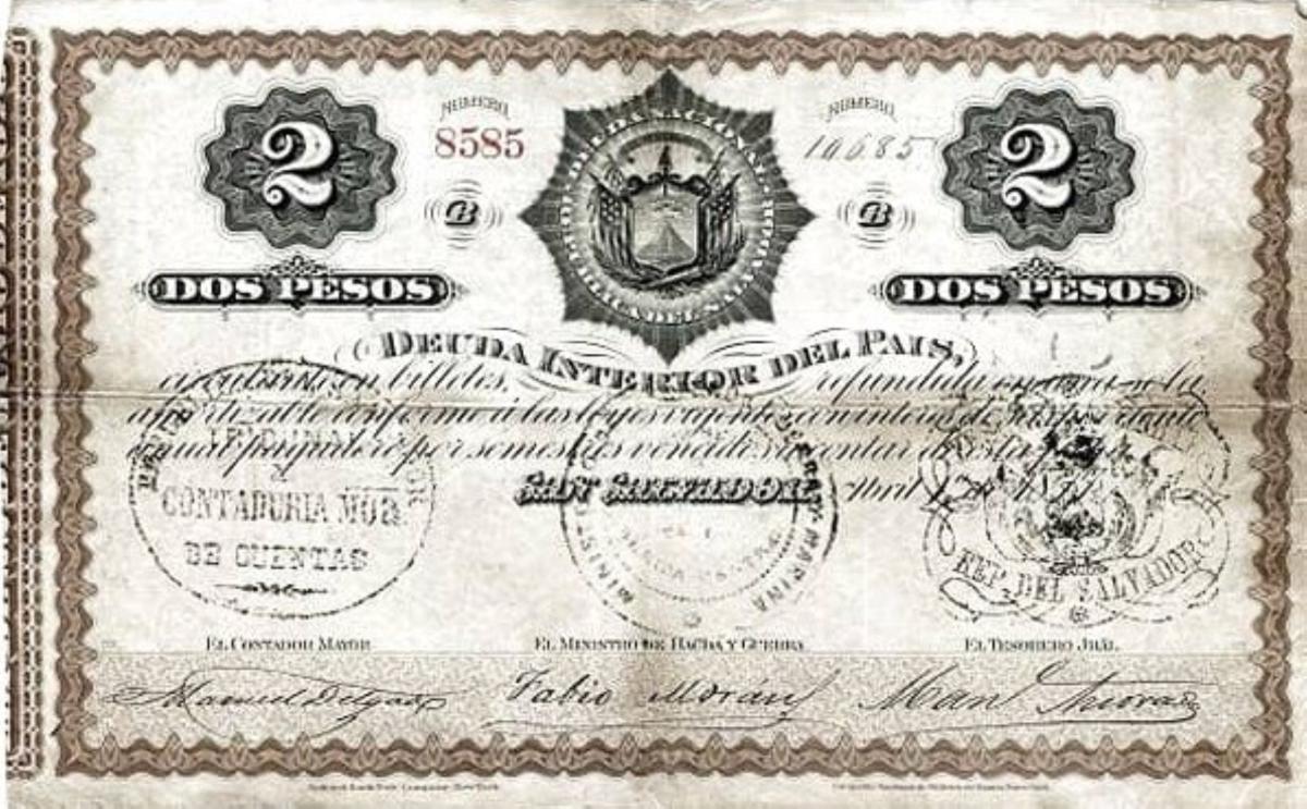 Front of El Salvador p2: 2 Pesos from 1877
