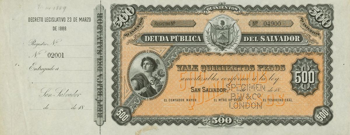 Front of El Salvador p37s: 500 Pesos from 1880