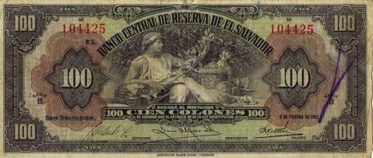 Front of El Salvador p80a: 100 Colones from 1934