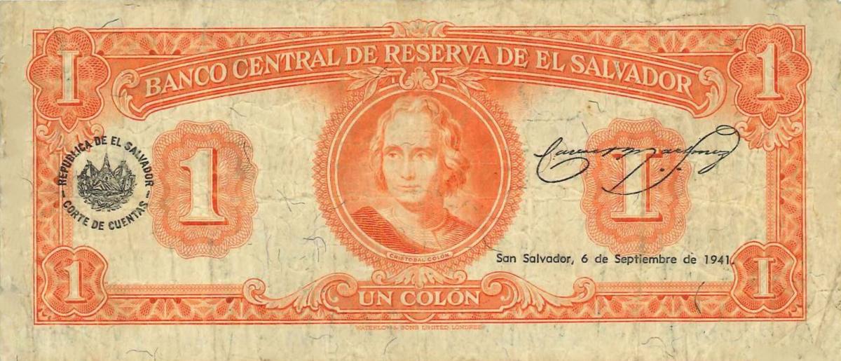 Back of El Salvador p81: 1 Colon from 1938