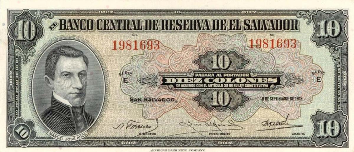 Front of El Salvador p85a: 10 Colones from 1943