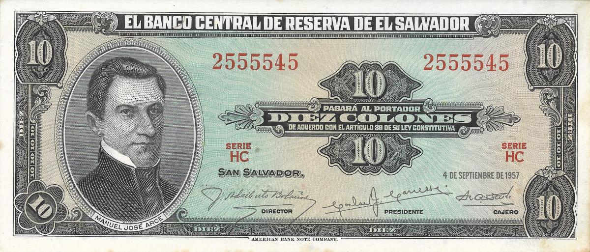 Front of El Salvador p96a: 10 Colones from 1957