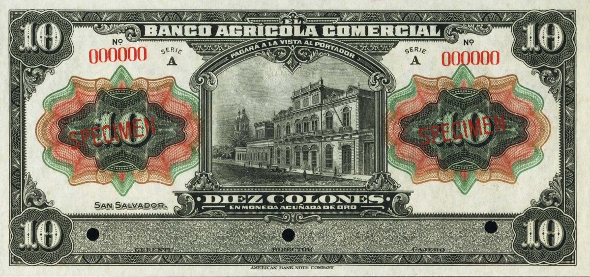 Front of El Salvador pS112s: 10 Colones from 1922