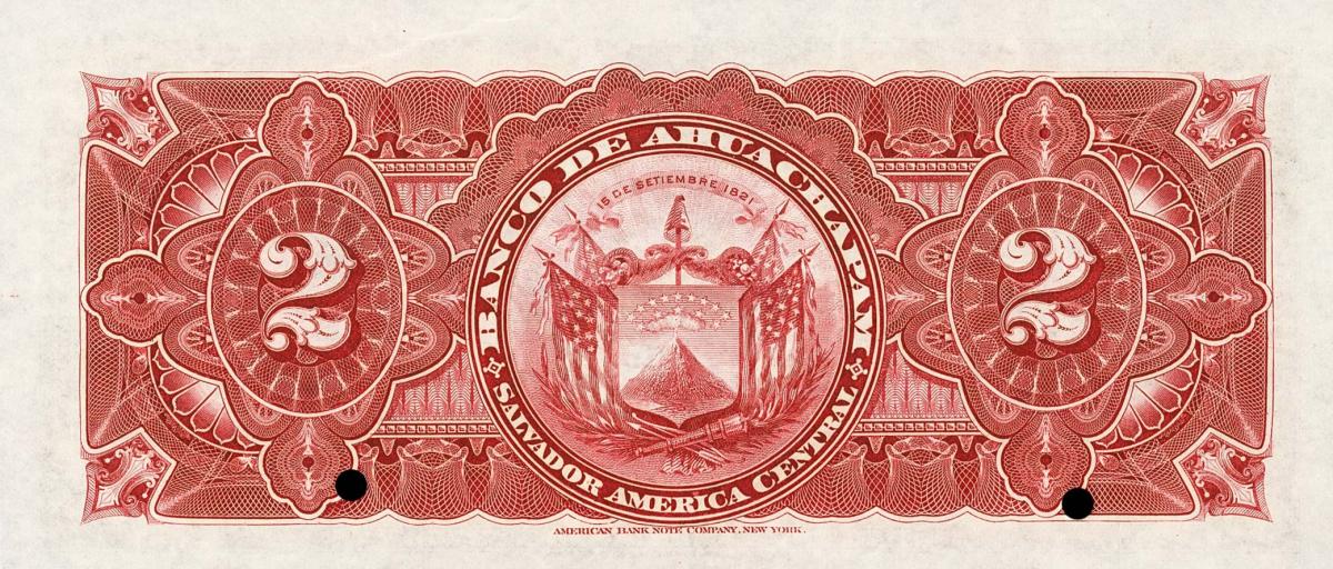 Back of El Salvador pS122s: 2 Pesos from 1890