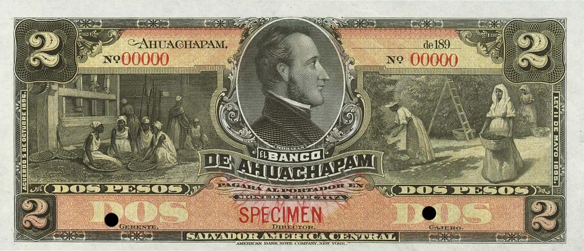 Front of El Salvador pS122s: 2 Pesos from 1890