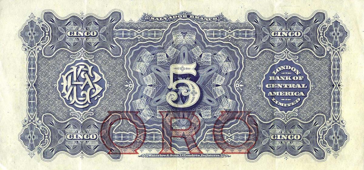 Back of El Salvador pS137p: 5 Pesos from 1905