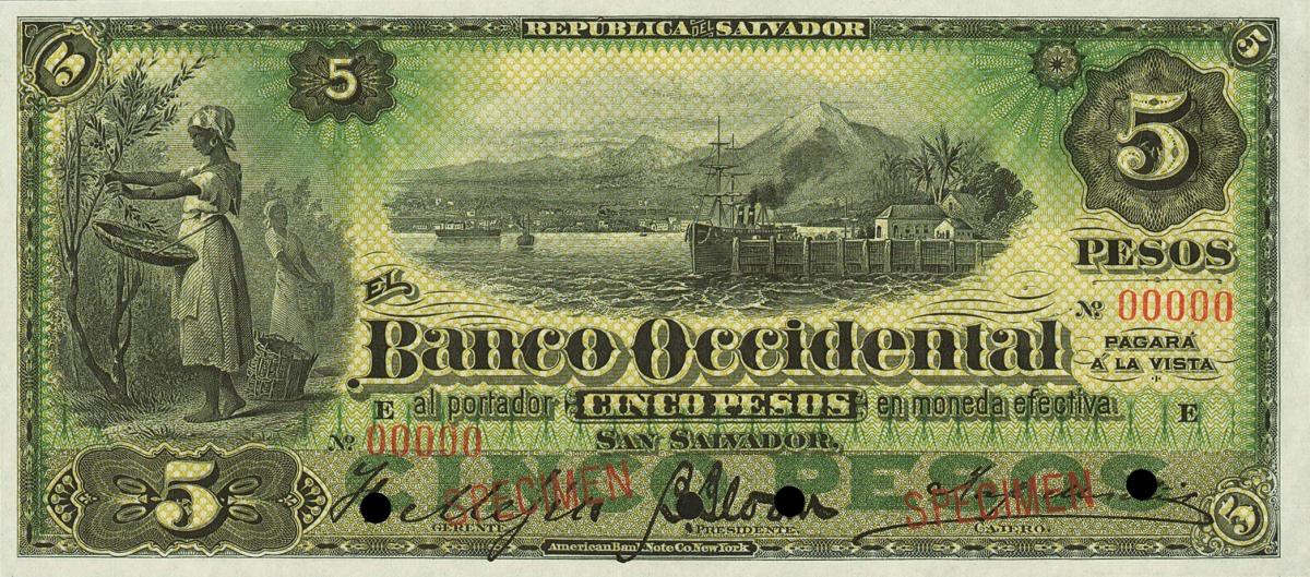 Front of El Salvador pS176s1: 5 Pesos from 1891
