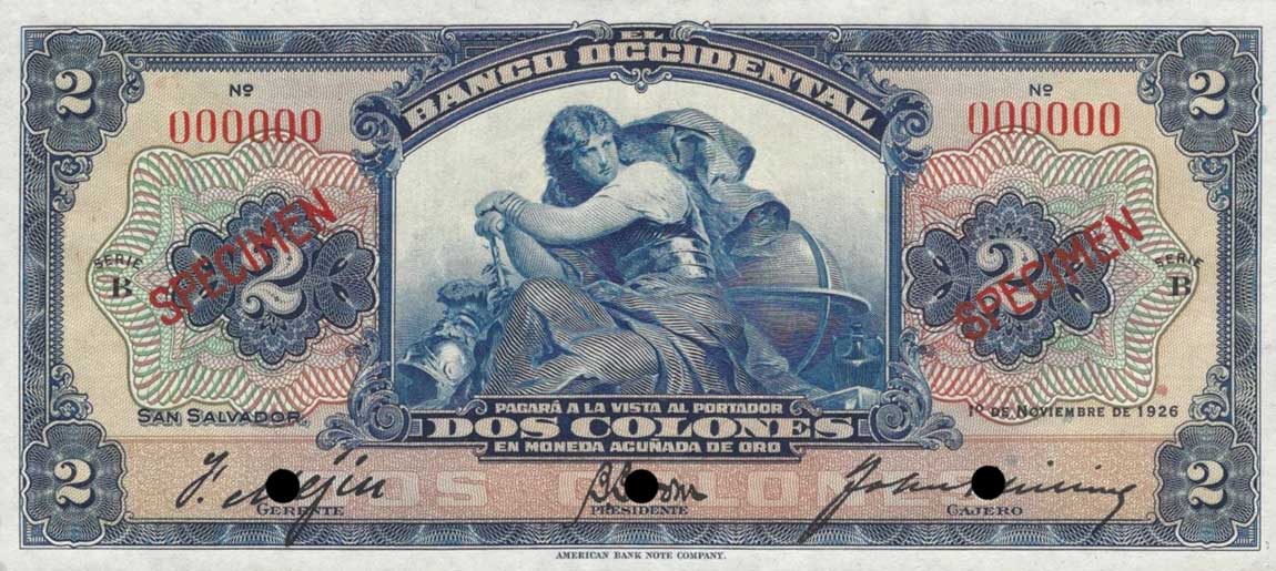 Front of El Salvador pS194s: 2 Colones from 1926