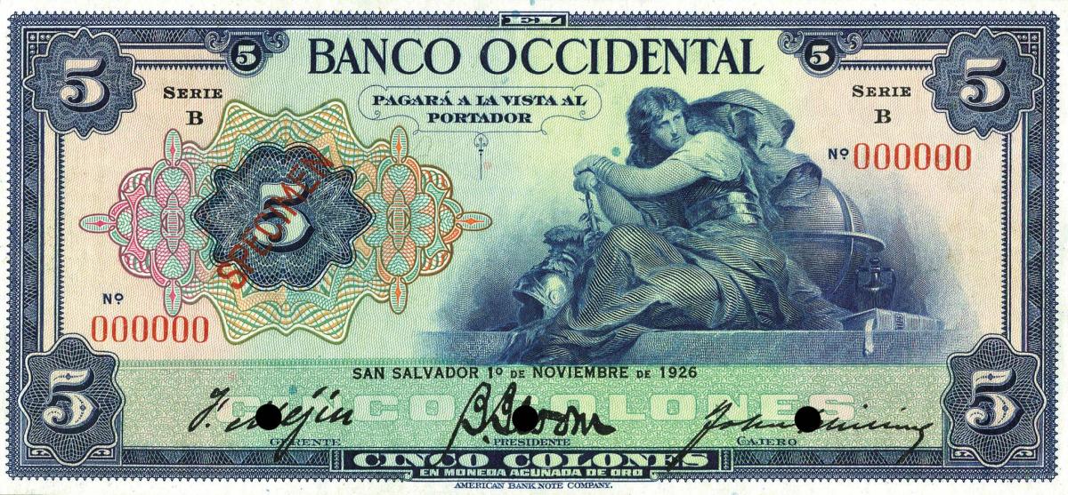Front of El Salvador pS195s1: 5 Colones from 1926