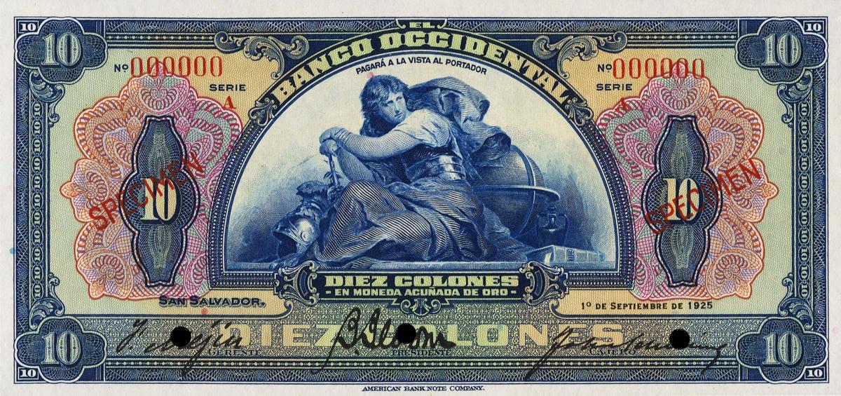 Front of El Salvador pS196s: 10 Colones from 1925