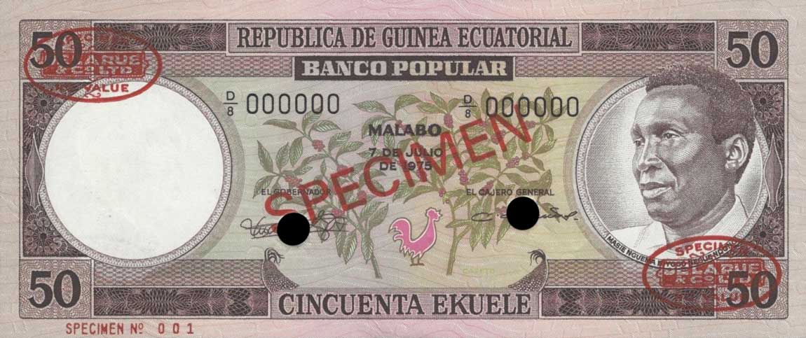 Front of Equatorial Guinea p10s: 50 Ekuele from 1975