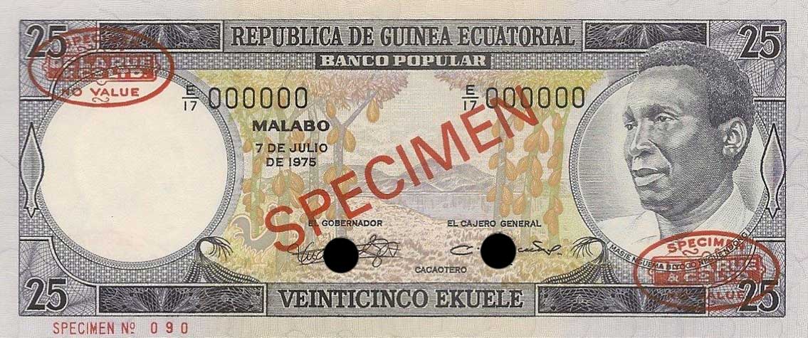 Front of Equatorial Guinea p9s: 25 Ekuele from 1975