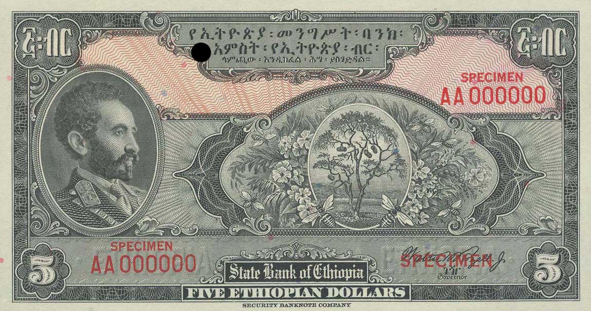 Front of Ethiopia p13s1: 5 Dollars from 1945