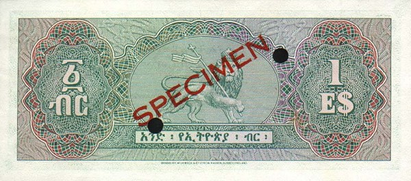 Back of Ethiopia p18s: 1 Dollar from 1961