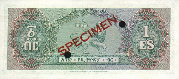 Back of Ethiopia p18s: 1 Dollar from 1961