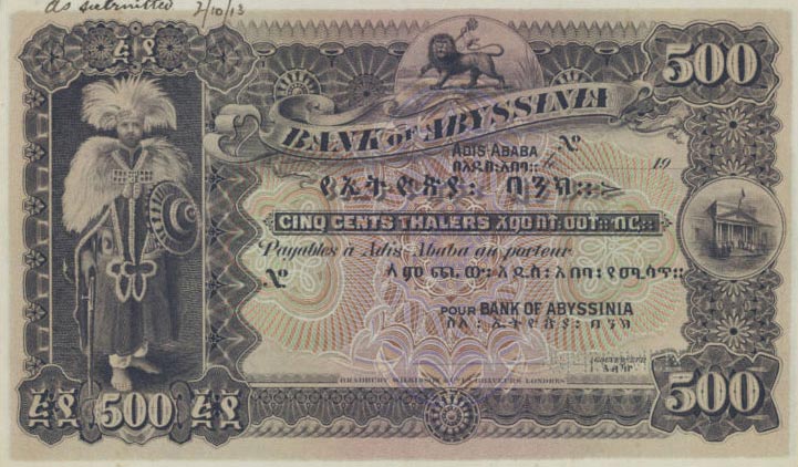 Front of Ethiopia p5s: 500 Thalers from 1915