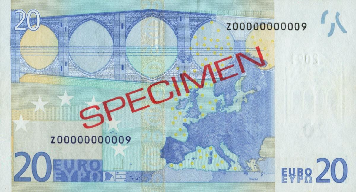 Back of European Union p3s1: 20 Euro from 2002