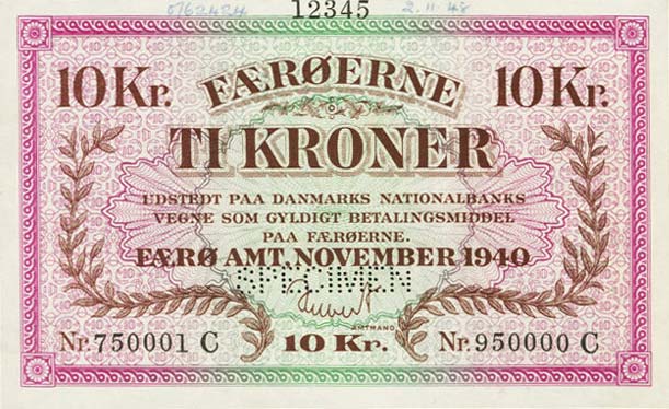 Front of Faeroe Islands p11s: 10 Kronur from 1940