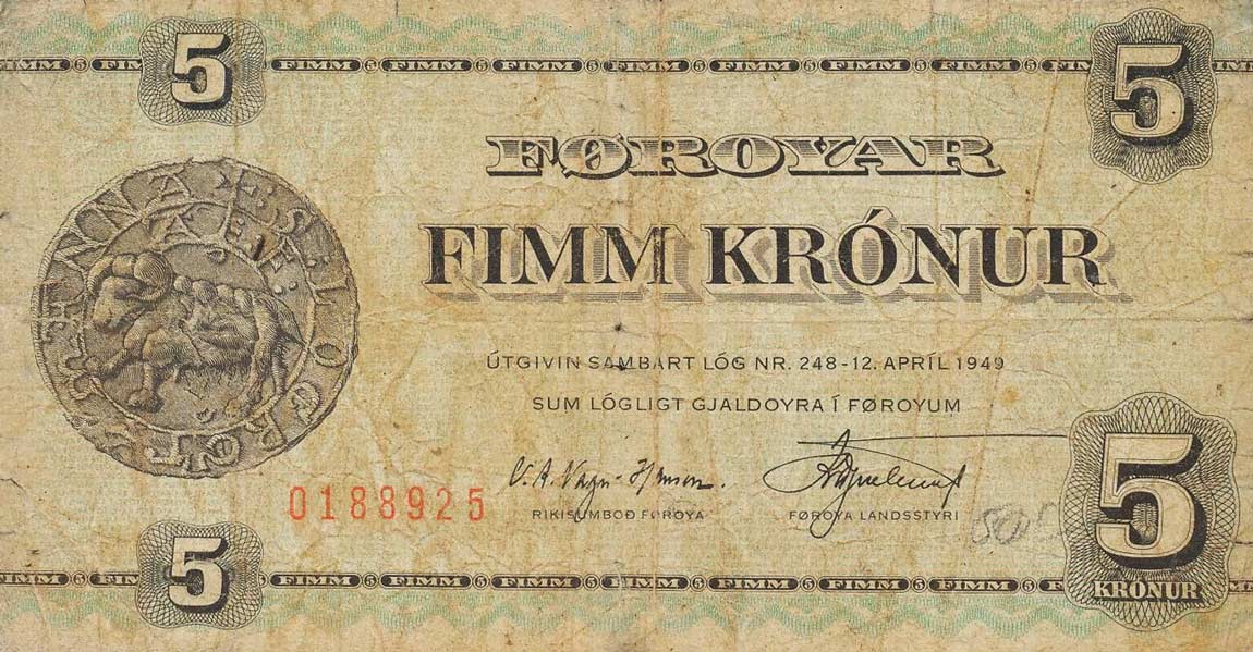Front of Faeroe Islands p14a: 5 Kronur from 1949