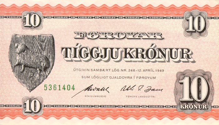 Front of Faeroe Islands p15b: 10 Kronur from 1949