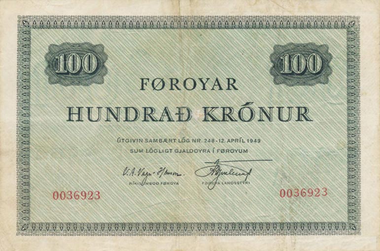 Front of Faeroe Islands p13a: 100 Kronur from 1949