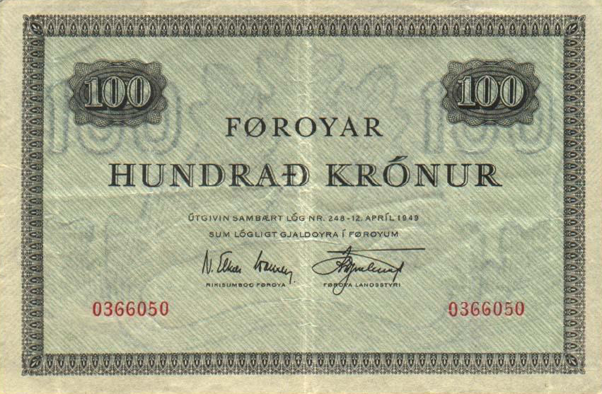 Front of Faeroe Islands p13b: 100 Kronur from 1949