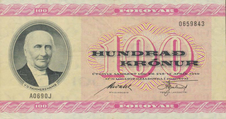 Front of Faeroe Islands p17r3: 100 Kronur from 1969