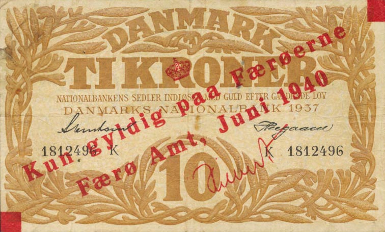 Front of Faeroe Islands p3c: 10 Kronur from 1940